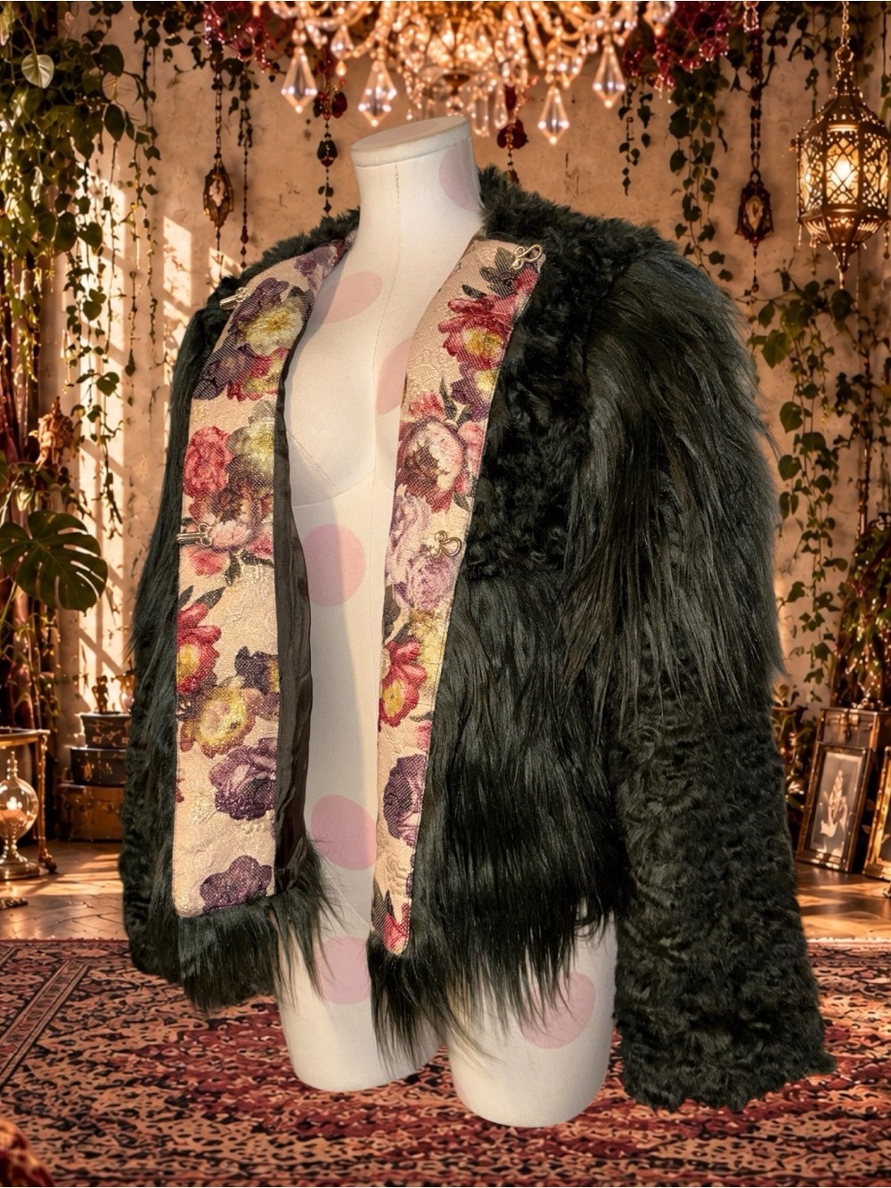 Tensione In Italian Faux Fur Dark Emerald Green Jacket With Floral Tapestry Trim